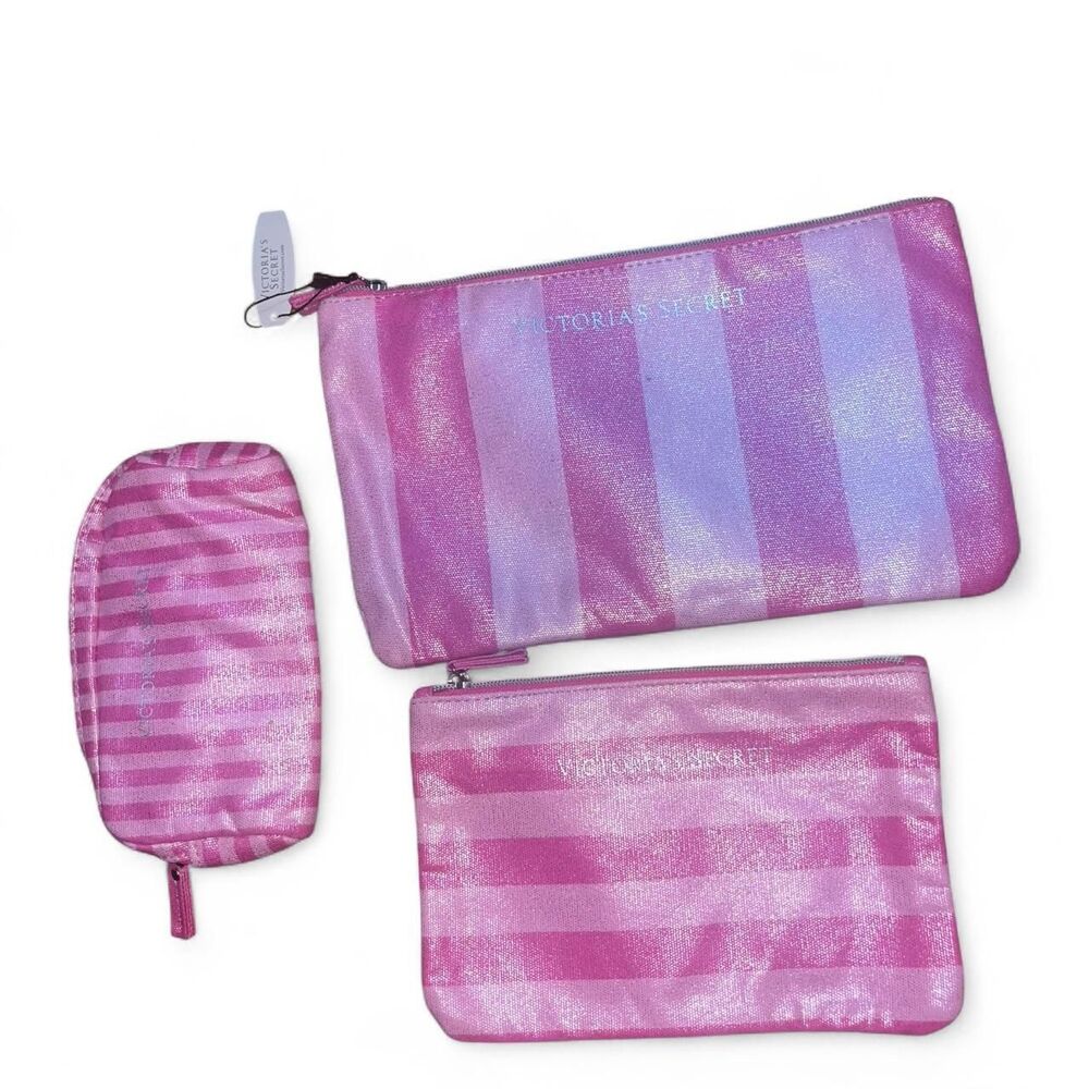 Vintage Victoria's Secret Pink Striped Travel Bag 3 pack Set NWT